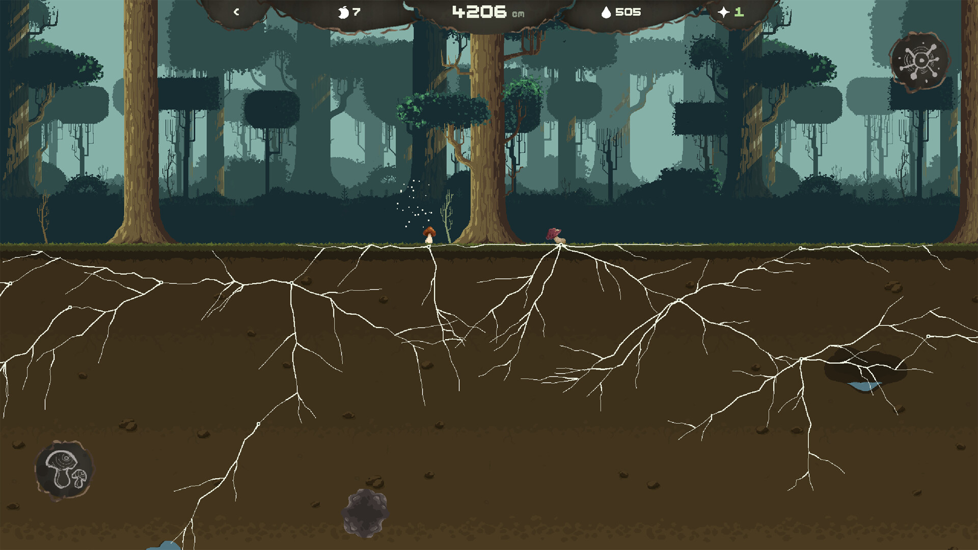 Mycelarium screenshot: mycelium threads under a pixel-art forest.
