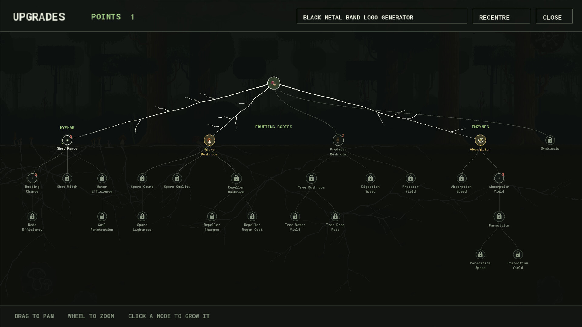 Mycelarium screenshot: the Upgrades tree screen.